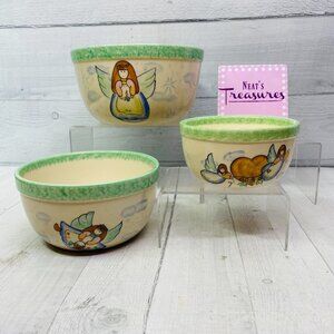 Vintage Vital Unit ANGELS GREEN SPONGE Clouds Stars Stoneware Nesting Bowl Set 3